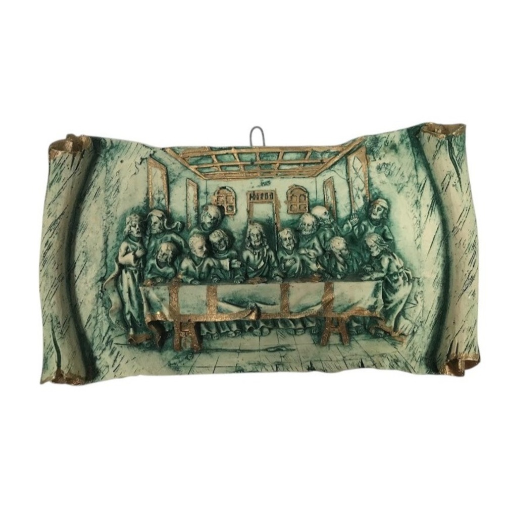 Vintage Last Supper 3D Relief Wall Plaque Scroll Design Teal Gold Religious Art
